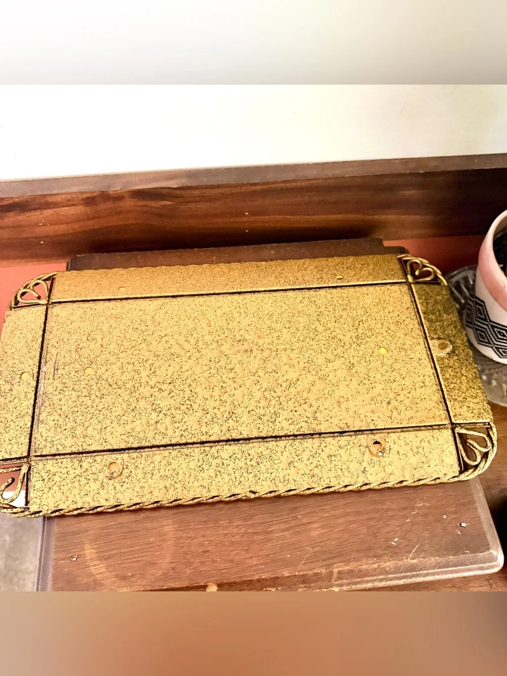 Rectangle Mirror Wall Hanging Vanity Tray 1960’s Vintage Metal Twist Frame Heart